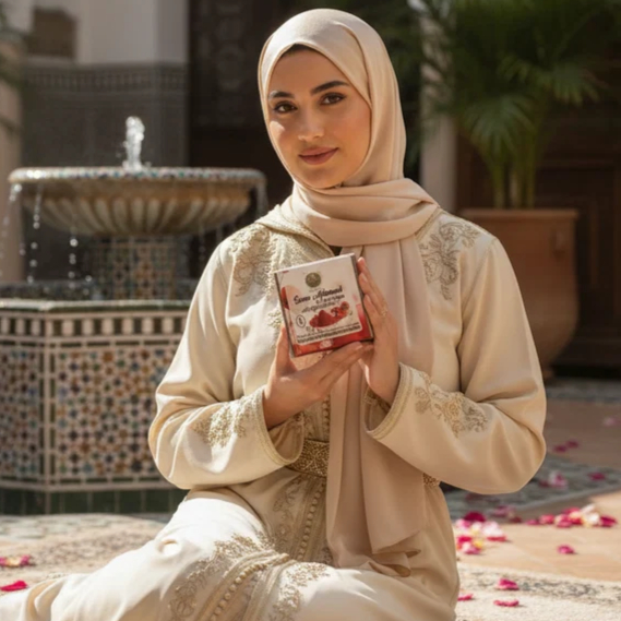 femme-marocaine-pudique-hijab-riad Savon Végétal à l'Aker Fassi – Saponifié à Froid, Éclaircissant & Purifiant | 150g – Image 1