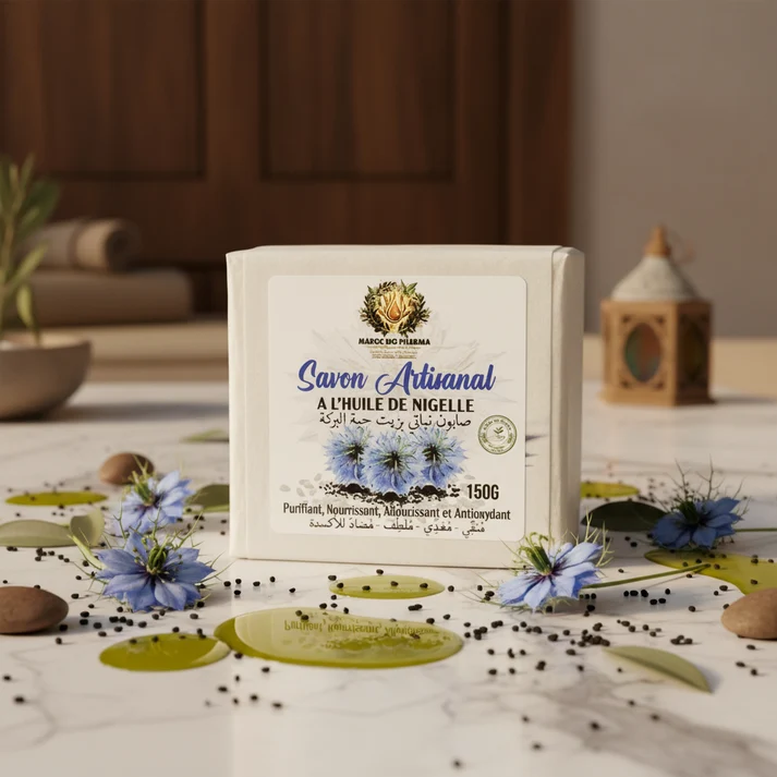 savon-maroc-bio-pharma-sur-fond-l-gant-avec-ingr-dients Savon à l'Huile de Nigelle Bio - Saponifié à Froid | Savon Artisanal Naturel 150 gr – Image 1